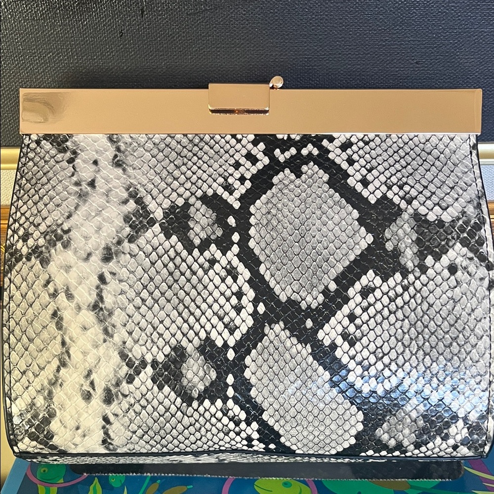 Stylish Snakeskin Pattern Clutch with Gold Accent